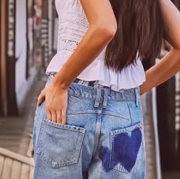 Jeans Women Print Long Pants Casual Loose Denim Blue - Picture 3 of 5